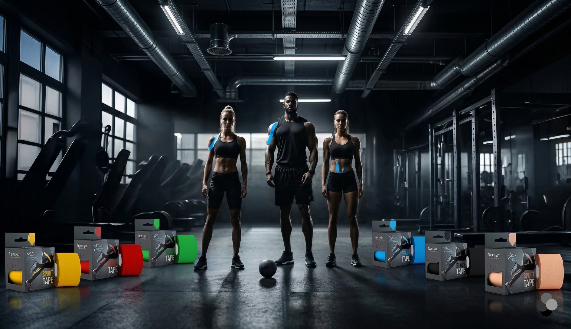 Three people standing in a gym with exercise equipment around